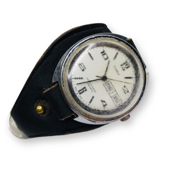 VTG Men Timex Round Wrist Watch Automatic Leather Band Stainless Steel for Parts - Picture 1 of 14